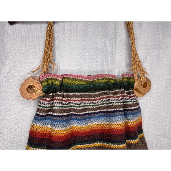 Vtg Style Boho Shoulder Bag Striped Multicolored Fringed Wood Accent Jute Straps - Picture 5 of 12